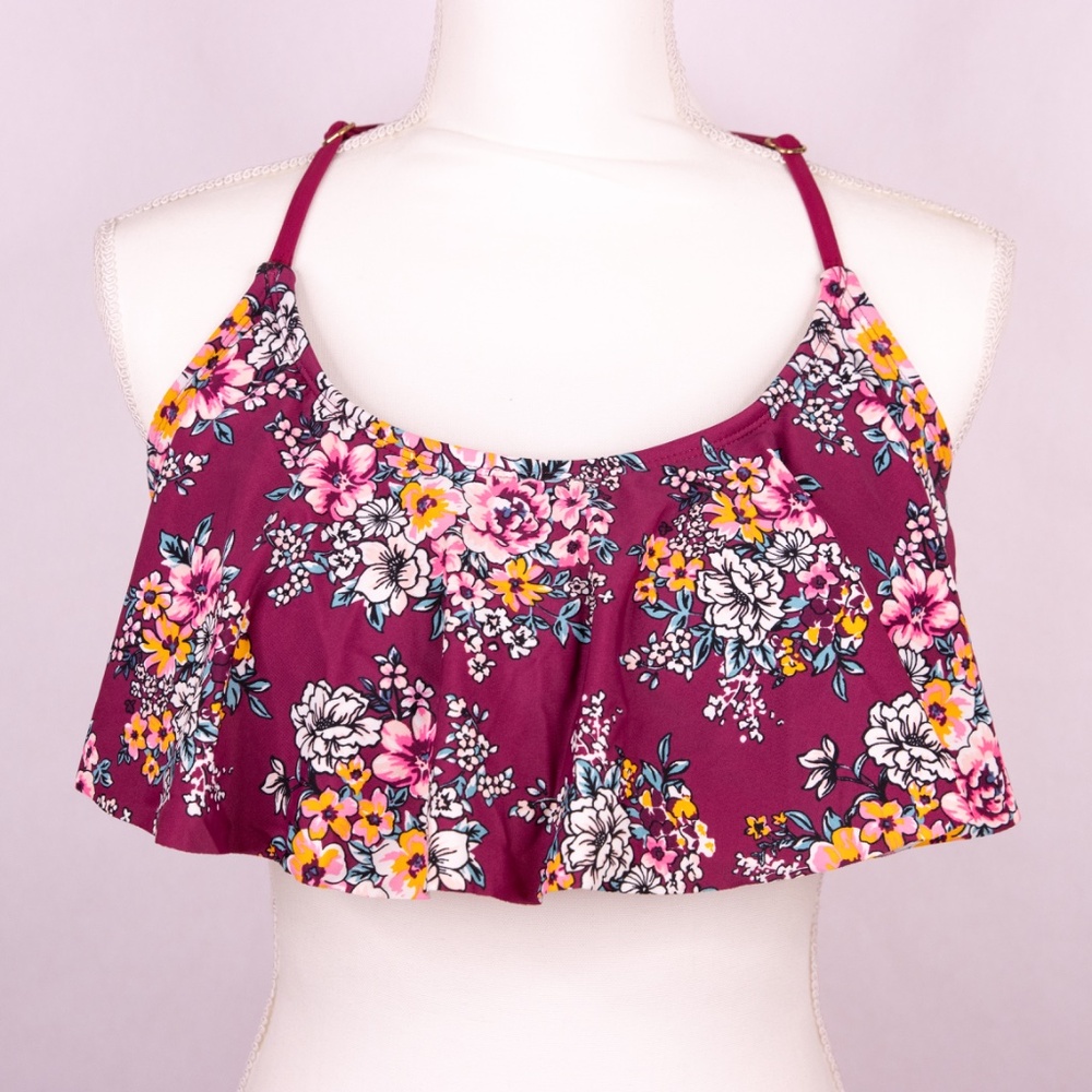 Floral Print on Burgundy Color Strappy Flutter Front, Back Braided Bikini Top